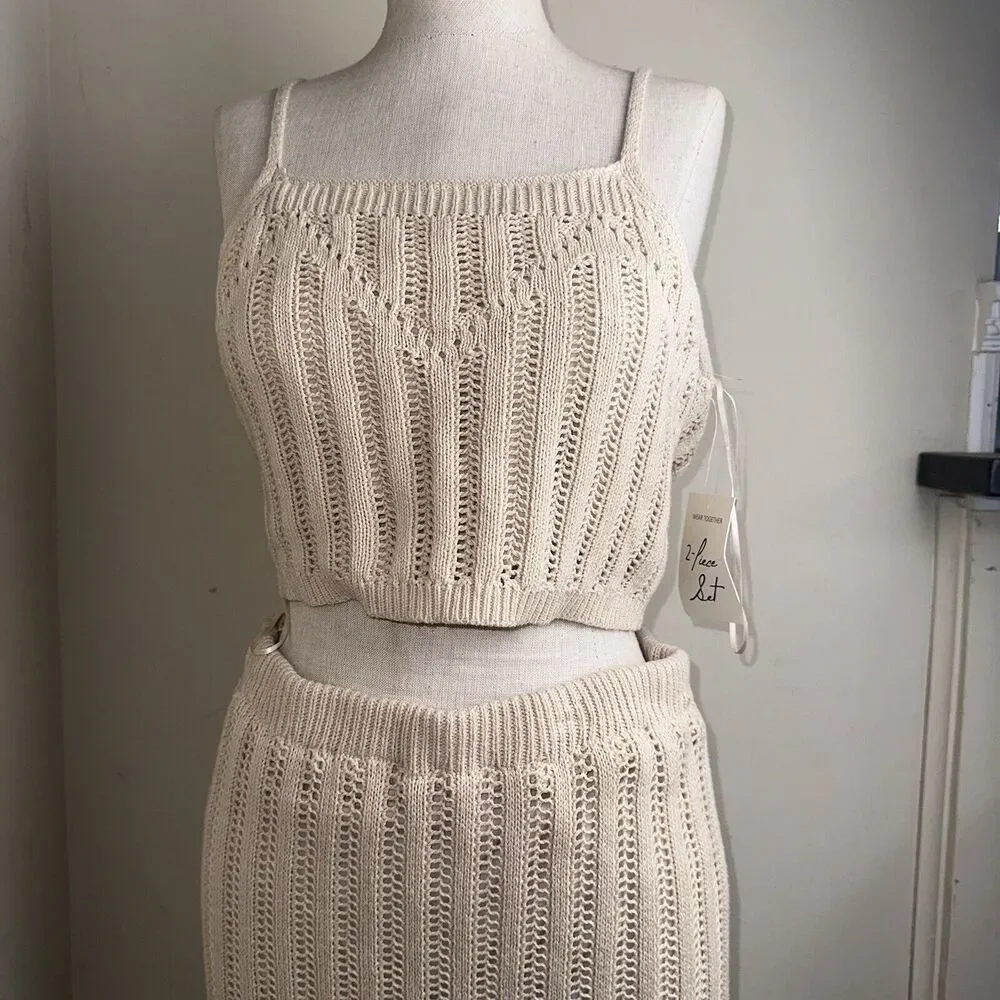 Sleeveless Crochet Knit Two-Piece Skirt Set in Cream